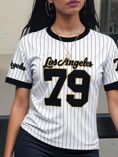 INAWLY Los Angeles 79 Graphic Women's T-Shirt,Black And White Striped,Summer,Streetwear,City Break Soft Breathable Short Sleeve Top For Casual Wear,XS-XL