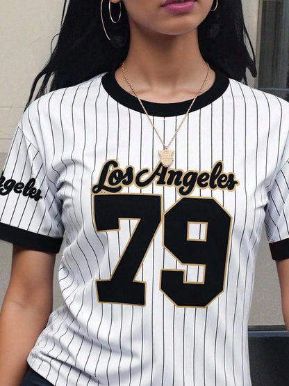 INAWLY Los Angeles 79 Graphic Women's T-Shirt,Black And White Striped,Summer,Streetwear,City Break Soft Breathable Short Sleeve Top For Casual Wear,XS-XL