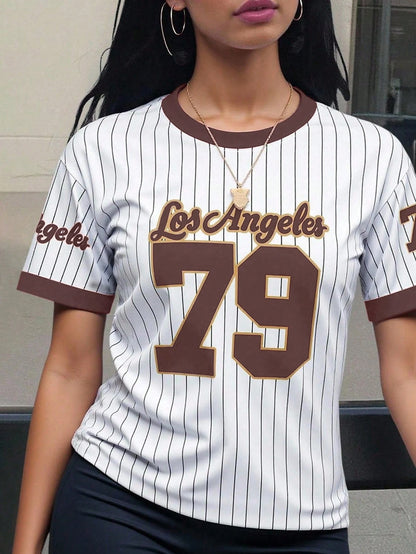 INAWLY Los Angeles 79 Graphic Women's T-Shirt,Black And White Striped,Summer,Streetwear,City Break Soft Breathable Short Sleeve Top For Casual Wear,XS-XL