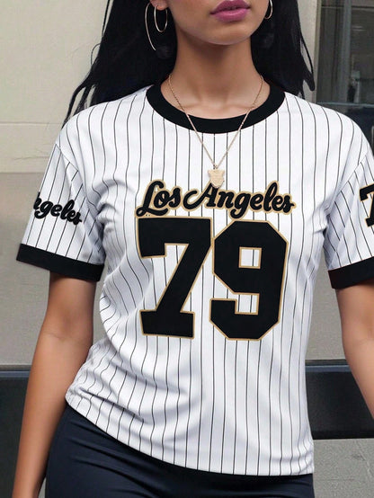 INAWLY Los Angeles 79 Graphic Women's T-Shirt,Black And White Striped,Summer,Streetwear,City Break Soft Breathable Short Sleeve Top For Casual Wear,XS-XL