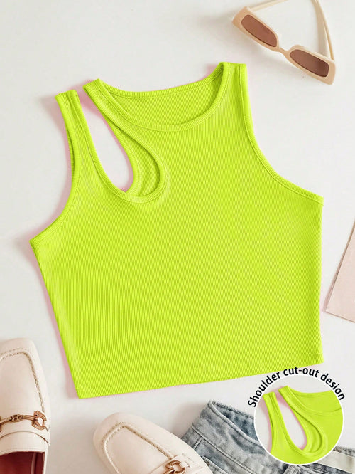 INAWLY Neon Green Cut Out Shoulder Ribbed Knit Tank Top For Summer