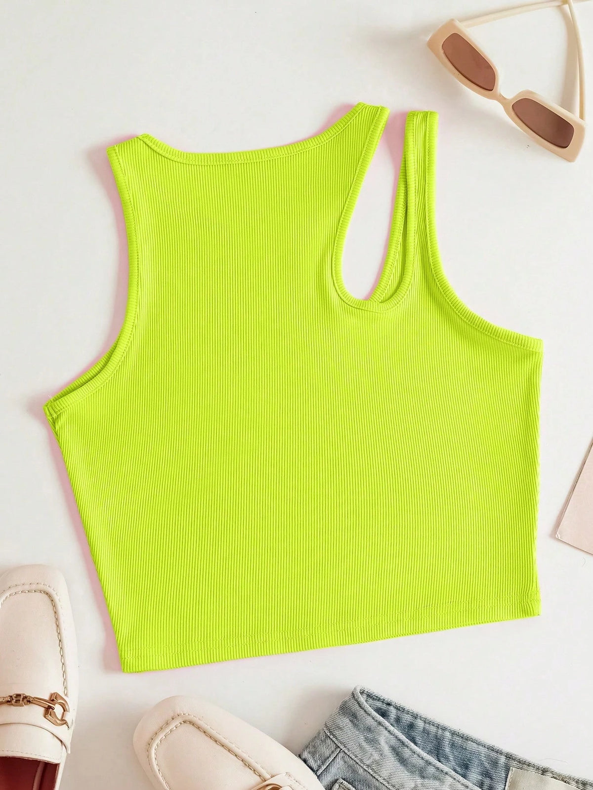 INAWLY Neon Green Cut Out Shoulder Ribbed Knit Tank Top For Summer