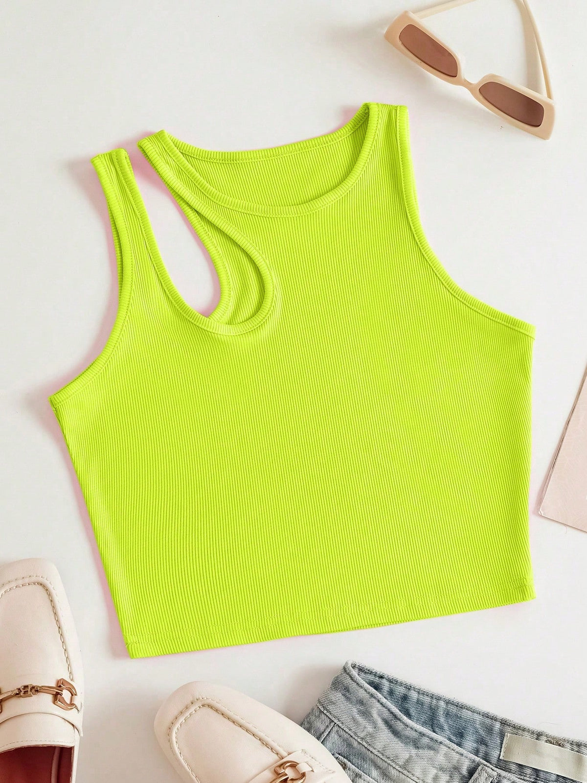 INAWLY Neon Green Cut Out Shoulder Ribbed Knit Tank Top For Summer