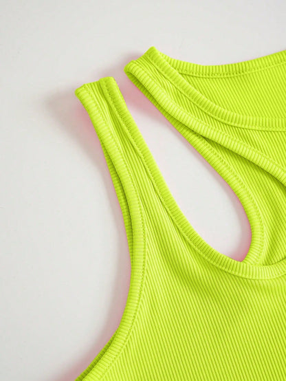 INAWLY Neon Green Cut Out Shoulder Ribbed Knit Tank Top For Summer