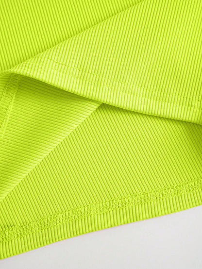 INAWLY Neon Green Cut Out Shoulder Ribbed Knit Tank Top For Summer