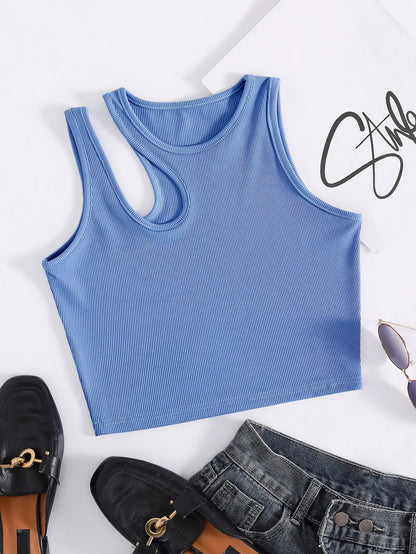 INAWLY Neon Green Cut Out Shoulder Ribbed Knit Tank Top For Summer