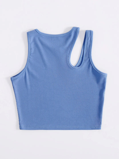 INAWLY Neon Green Cut Out Shoulder Ribbed Knit Tank Top For Summer