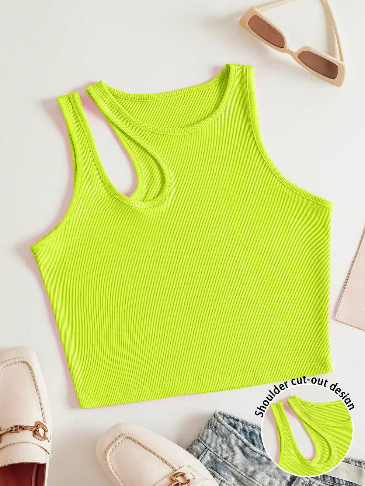 INAWLY Neon Green Cut Out Shoulder Ribbed Knit Tank Top For Summer