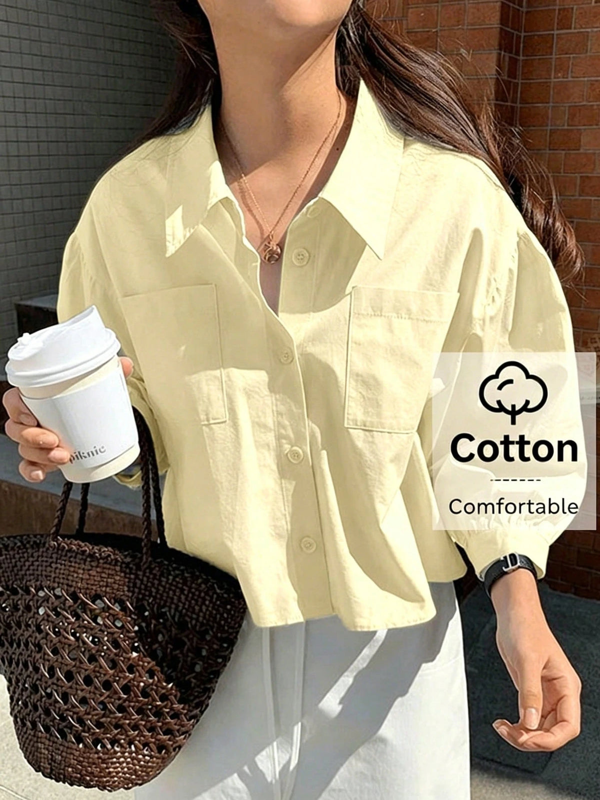 INAWLY New Women Casual Cotton Loose Fit Long Sleeve Shirt Brunch Pale Yellow Autumn