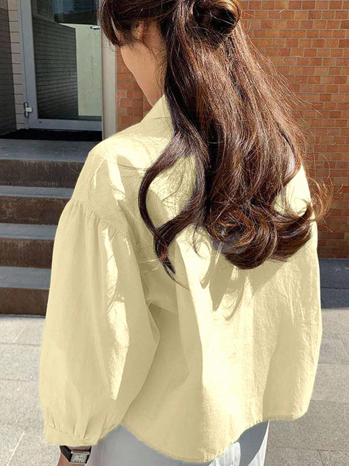 INAWLY New Women Casual Cotton Loose Fit Long Sleeve Shirt Brunch Pale Yellow Autumn