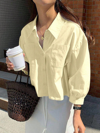 INAWLY New Women Casual Cotton Loose Fit Long Sleeve Shirt Brunch Pale Yellow Autumn