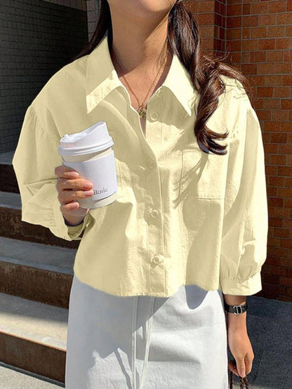 INAWLY New Women Casual Cotton Loose Fit Long Sleeve Shirt Brunch Pale Yellow Autumn