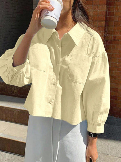 INAWLY New Women Casual Cotton Loose Fit Long Sleeve Shirt Brunch Pale Yellow Autumn