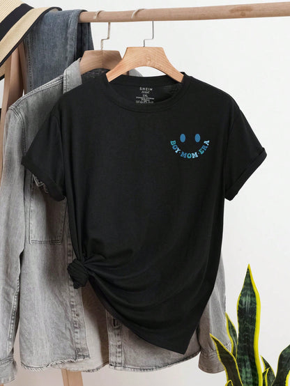 INAWLY Plus Size Cartoon & Letter Printed Short Sleeve T-Shirt BOY MOM CLUB Letter Graphic Tee, Women Summer Top