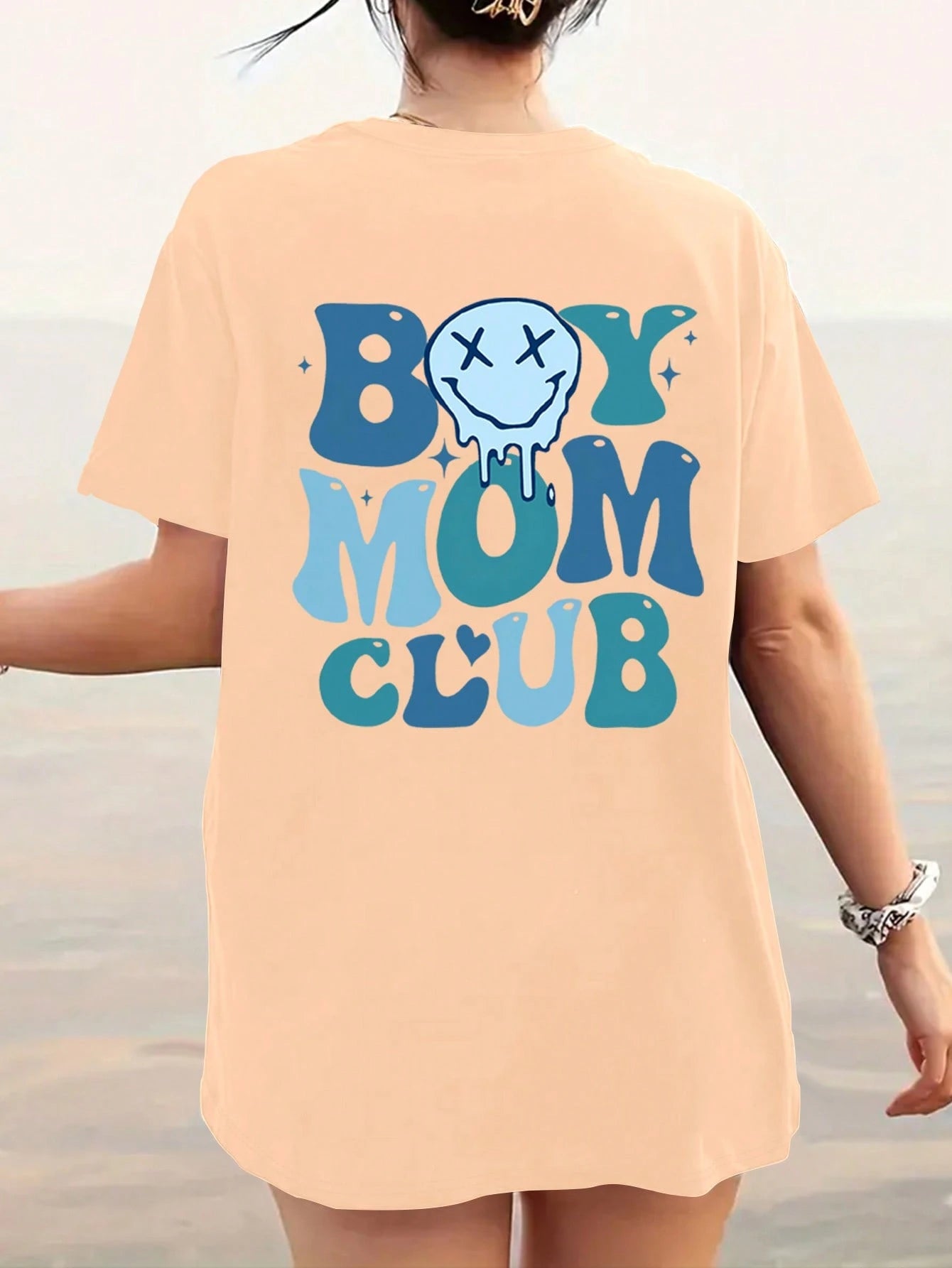 INAWLY Plus Size Cartoon & Letter Printed Short Sleeve T-Shirt BOY MOM CLUB Letter Graphic Tee, Women Summer Top