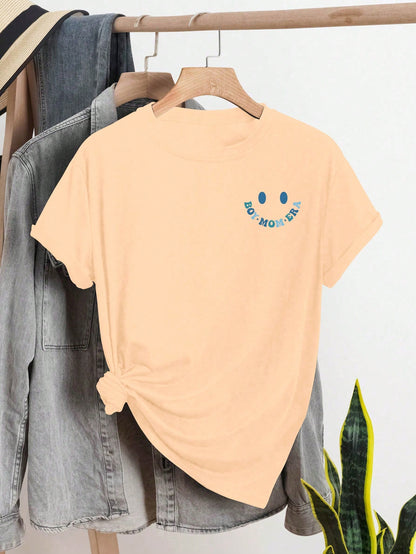 INAWLY Plus Size Cartoon & Letter Printed Short Sleeve T-Shirt BOY MOM CLUB Letter Graphic Tee, Women Summer Top