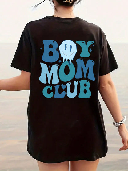 INAWLY Plus Size Cartoon & Letter Printed Short Sleeve T-Shirt BOY MOM CLUB Letter Graphic Tee, Women Summer Top