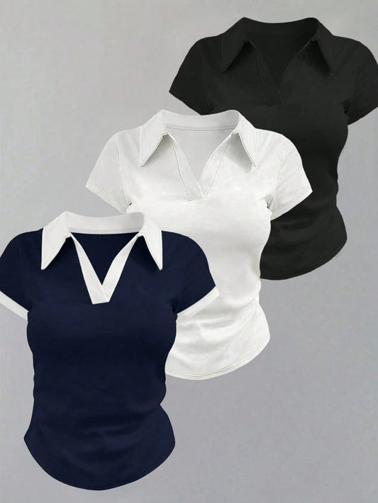 INAWLY Plus Size Women Patchwork Color Casual Versatile Daily Wear Short Sleeve T-Shirt