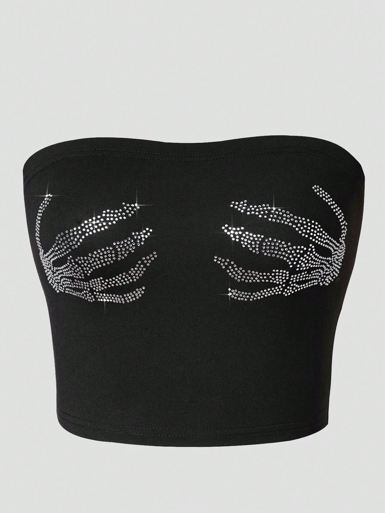 INAWLY Plus Size Women's Y2K Rhinestone Hand Pattern Fitted Crop Top