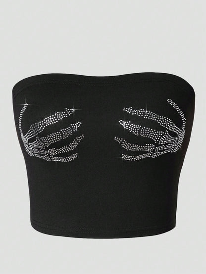 INAWLY Plus Size Women's Y2K Rhinestone Hand Pattern Fitted Crop Top