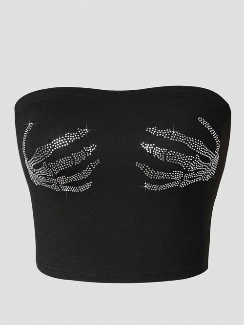 INAWLY Plus Size Women's Y2K Rhinestone Hand Pattern Fitted Crop Top