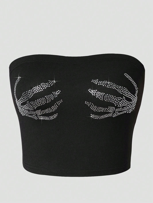 INAWLY Plus Size Women's Y2K Rhinestone Hand Pattern Fitted Crop Top