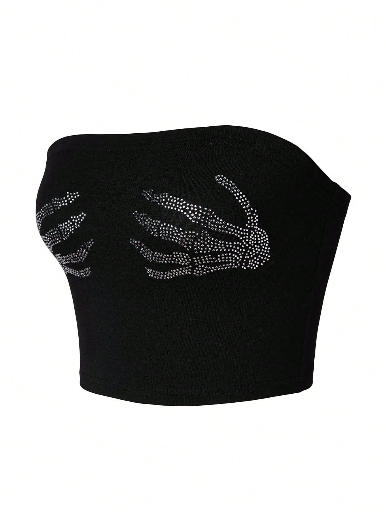 INAWLY Plus Size Women's Y2K Rhinestone Hand Pattern Fitted Crop Top