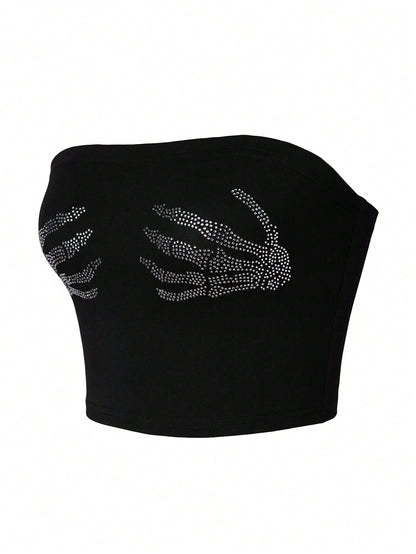 INAWLY Plus Size Women's Y2K Rhinestone Hand Pattern Fitted Crop Top
