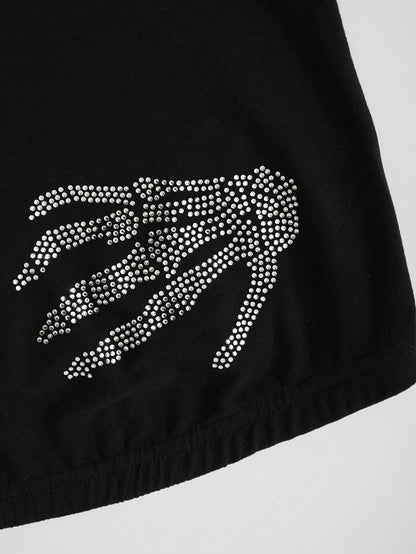 INAWLY Plus Size Women's Y2K Rhinestone Hand Pattern Fitted Crop Top