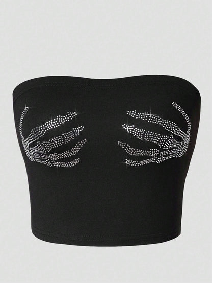 INAWLY Plus Size Women's Y2K Rhinestone Hand Pattern Fitted Crop Top