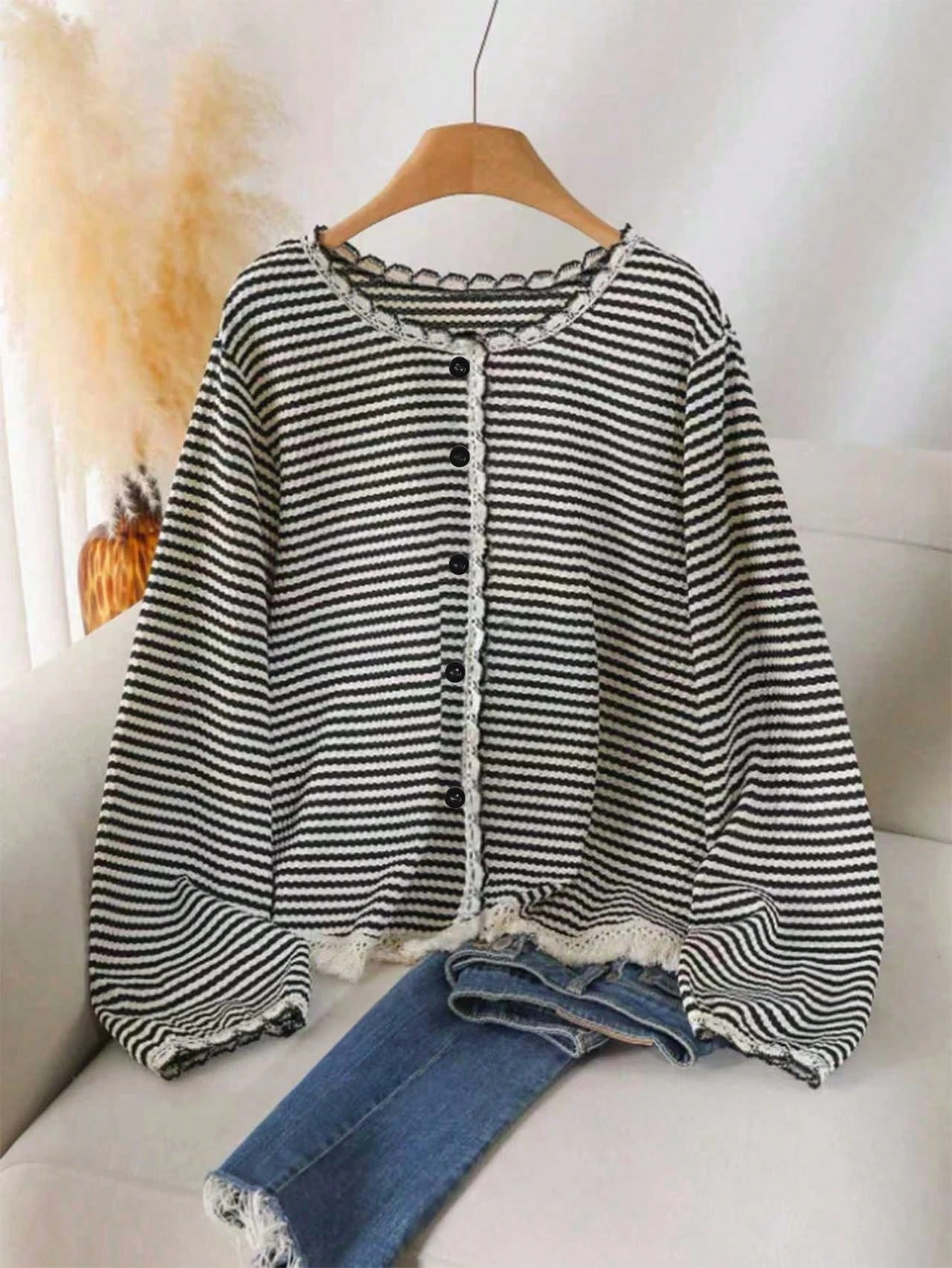 INAWLY Plus Size Women Striped & Lace Patchwork Front Button Long Sleeve Cardigan Fall