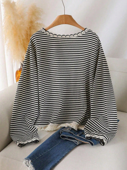 INAWLY Plus Size Women Striped & Lace Patchwork Front Button Long Sleeve Cardigan Fall