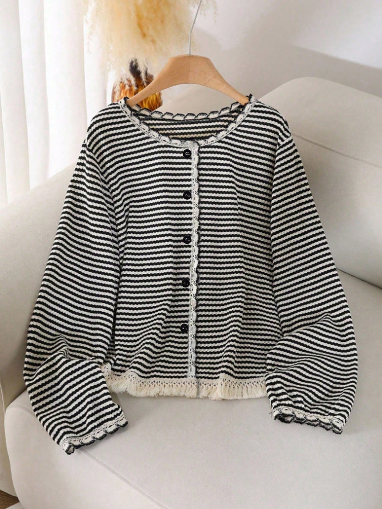 INAWLY Plus Size Women Striped & Lace Patchwork Front Button Long Sleeve Cardigan Fall