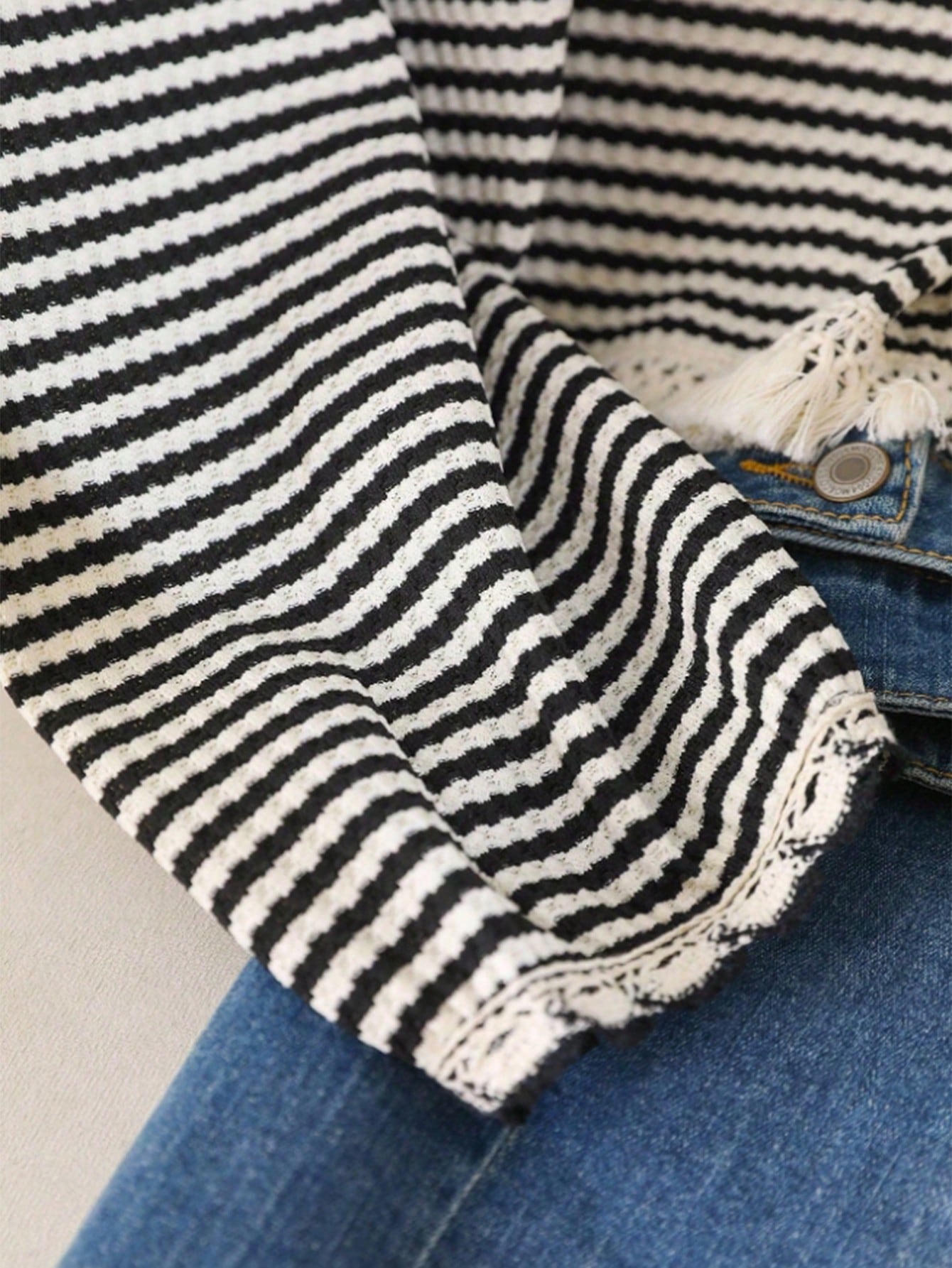 INAWLY Plus Size Women Striped & Lace Patchwork Front Button Long Sleeve Cardigan Fall
