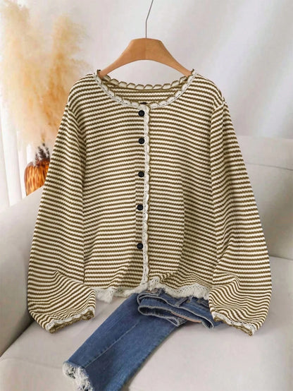 INAWLY Plus Size Women Striped & Lace Patchwork Front Button Long Sleeve Cardigan Fall