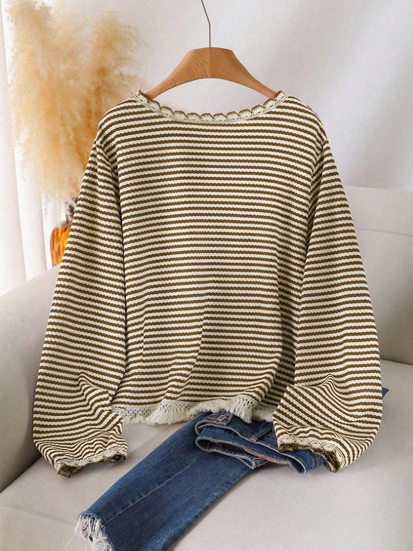 INAWLY Plus Size Women Striped & Lace Patchwork Front Button Long Sleeve Cardigan Fall