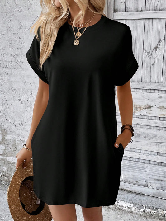 INAWLY Solid Batwing Sleeve Hidden Pocket Tee Dress