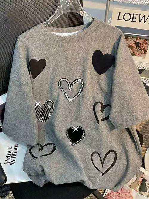 INAWLY Women Heart Print Rhinestone Crew Neck T-Shirt, Fashionable For Summer