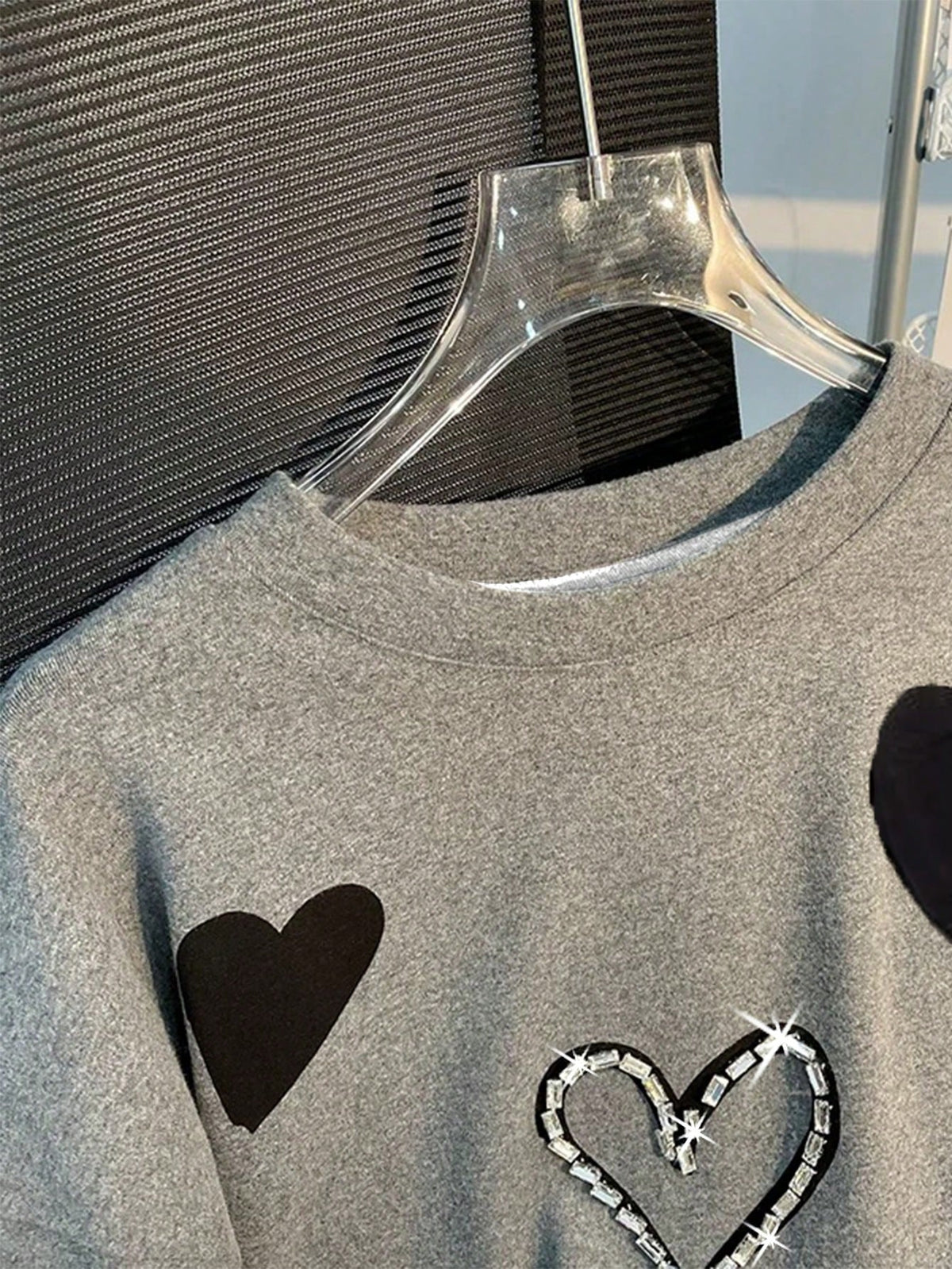 INAWLY Women Heart Print Rhinestone Crew Neck T-Shirt, Fashionable For Summer
