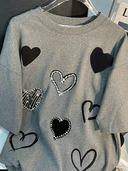 INAWLY Women Heart Print Rhinestone Crew Neck T-Shirt, Fashionable For Summer