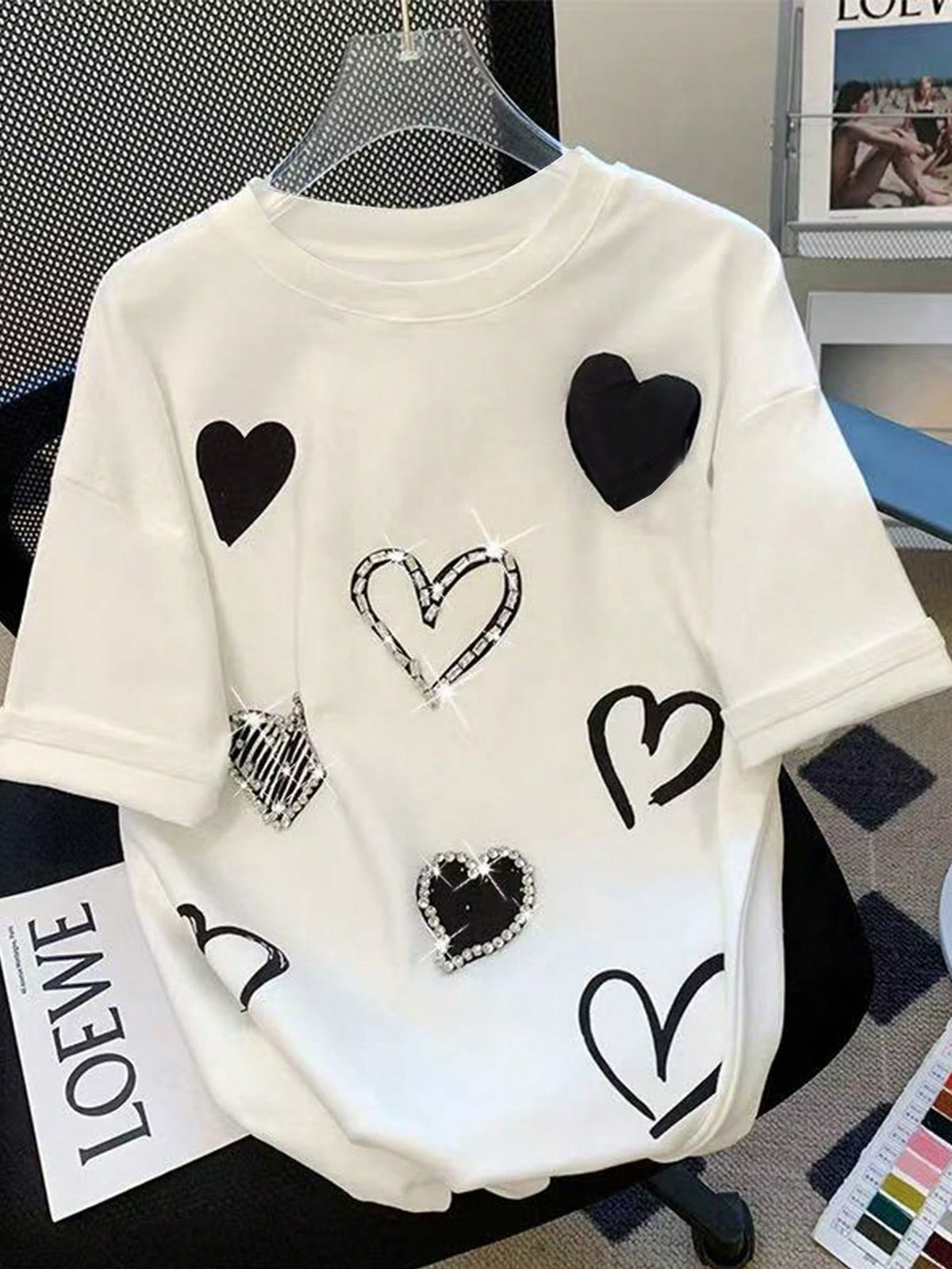 INAWLY Women Heart Print Rhinestone Crew Neck T-Shirt, Fashionable For Summer