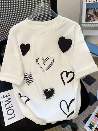 INAWLY Women Heart Print Rhinestone Crew Neck T-Shirt, Fashionable For Summer