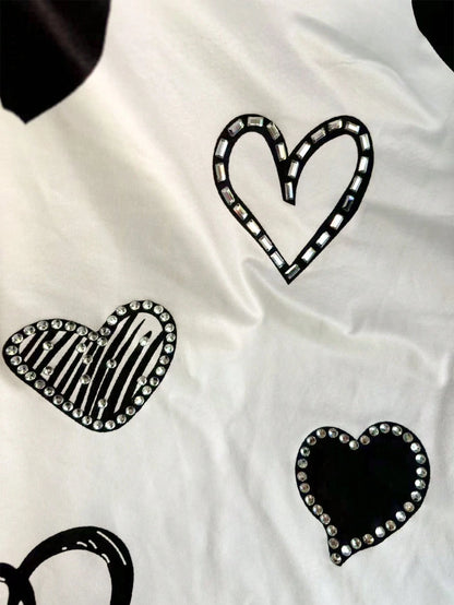 INAWLY Women Heart Print Rhinestone Crew Neck T-Shirt, Fashionable For Summer