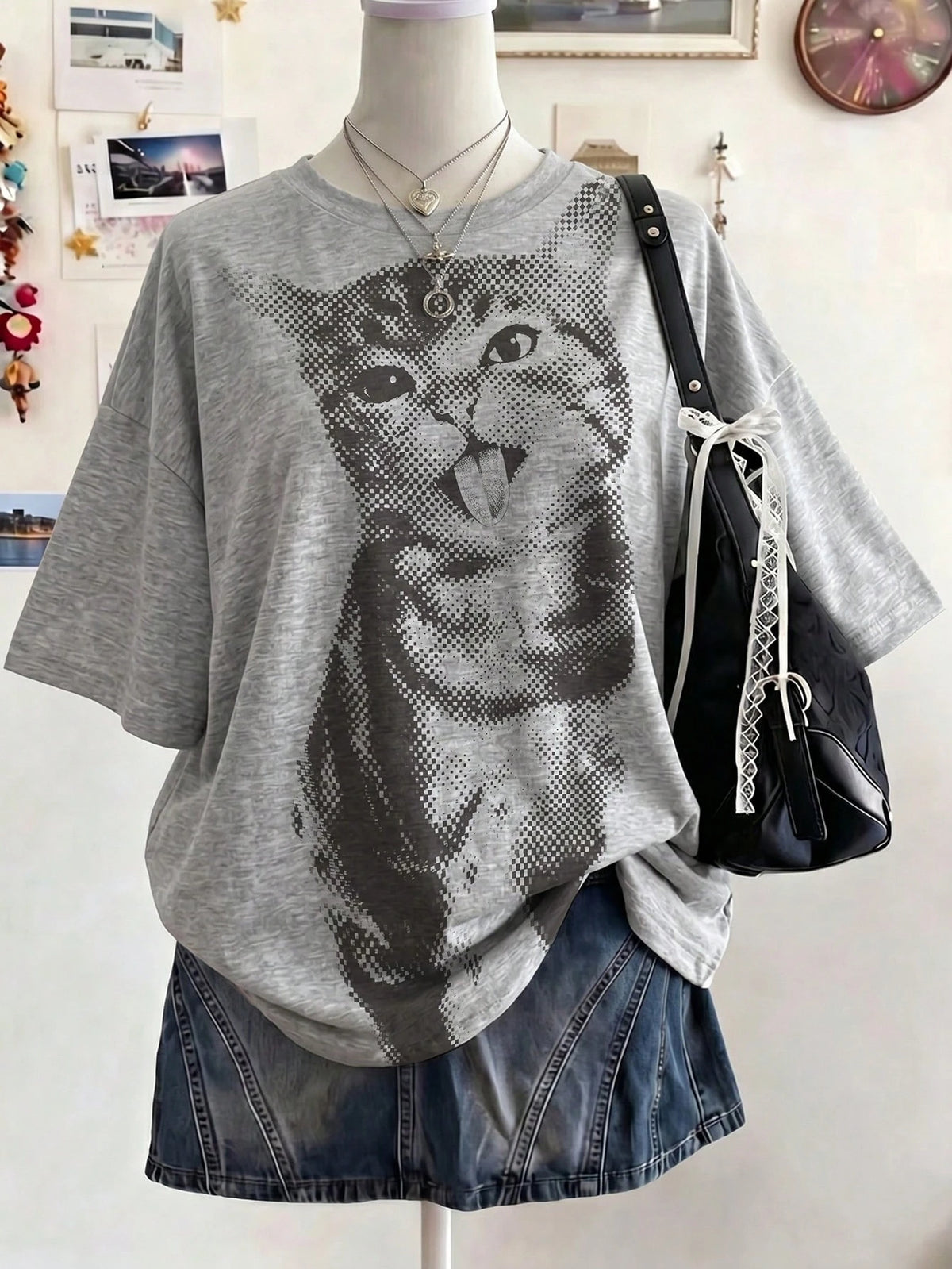 INAWLY Women's Casual Cute Cat Print Round Neck Short Sleeve T-Shirt, Summer