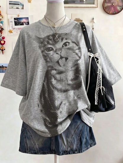 INAWLY Women's Casual Cute Cat Print Round Neck Short Sleeve T-Shirt, Summer