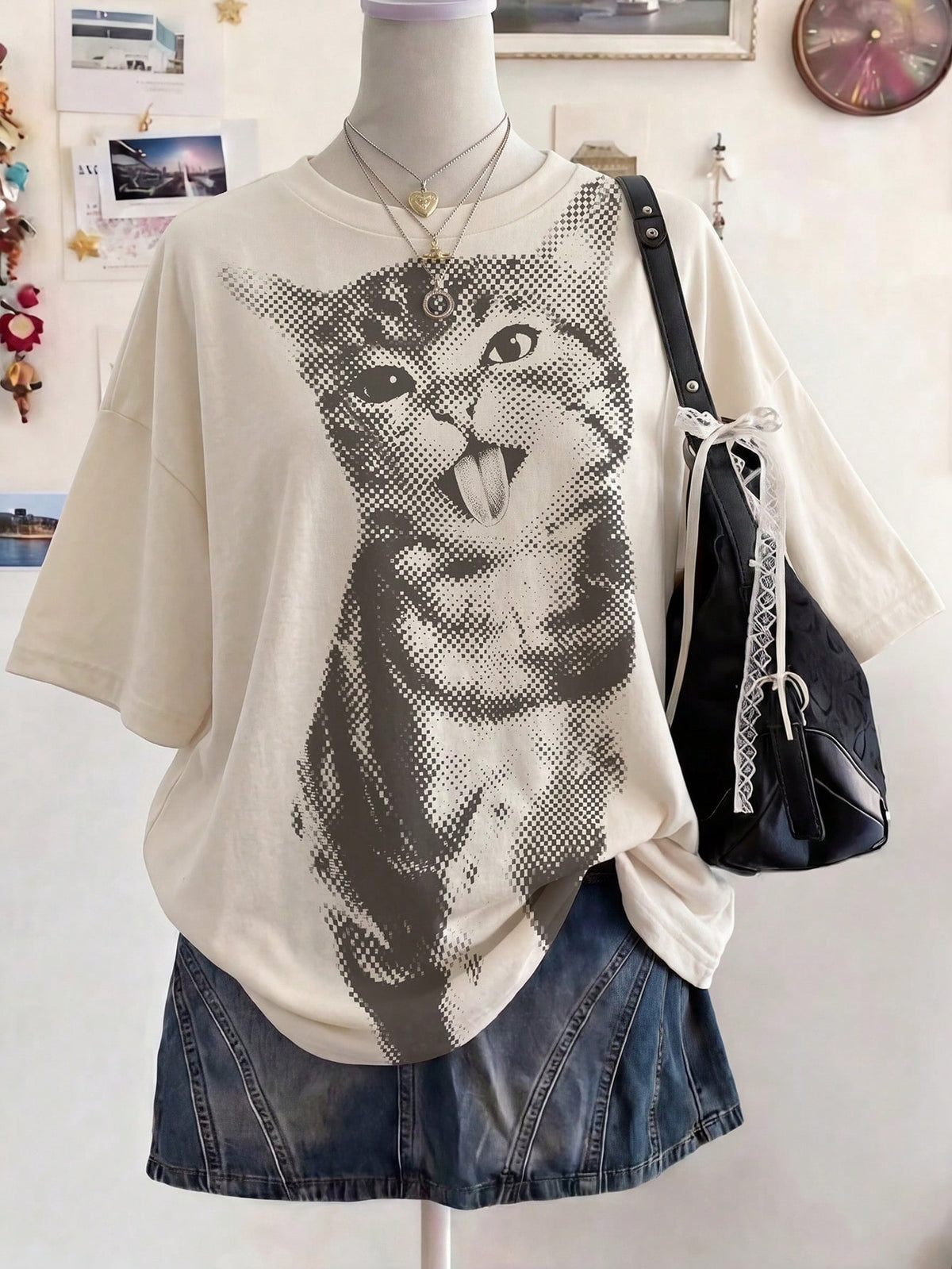 INAWLY Women's Casual Cute Cat Print Round Neck Short Sleeve T-Shirt, Summer