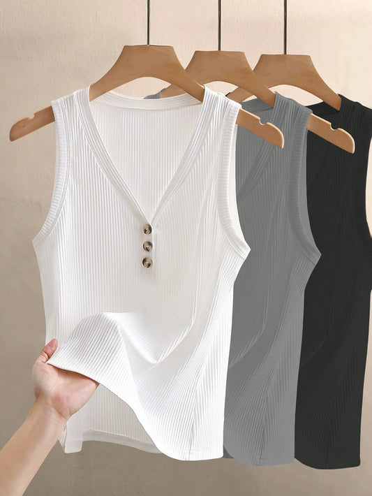 INAWLY Women's Casual V-Neck Button Decor Ribbed Tank Top, Summer