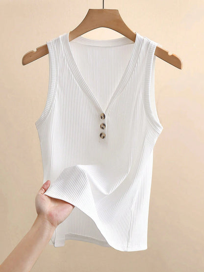 INAWLY Women's Casual V-Neck Button Decor Ribbed Tank Top, Summer