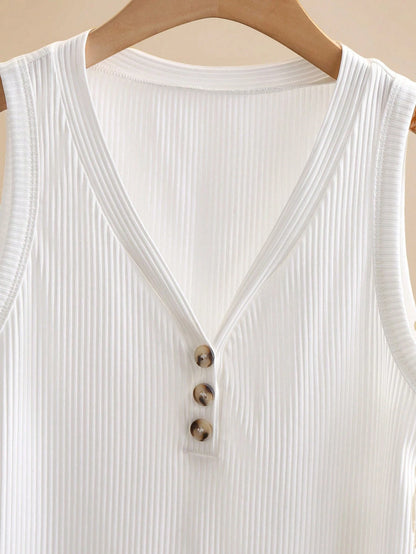 INAWLY Women's Casual V-Neck Button Decor Ribbed Tank Top, Summer