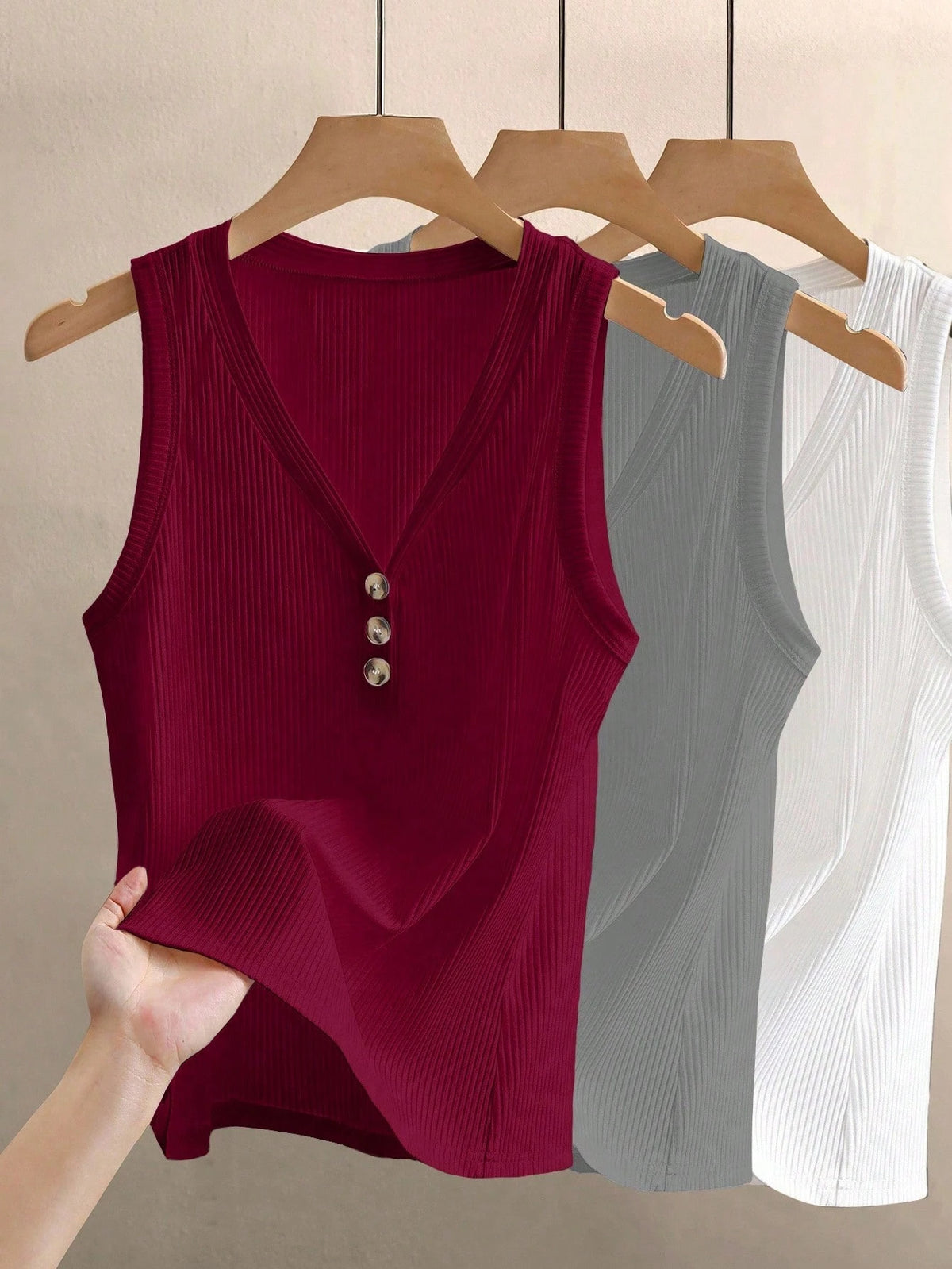 INAWLY Women's Casual V-Neck Button Decor Ribbed Tank Top, Summer